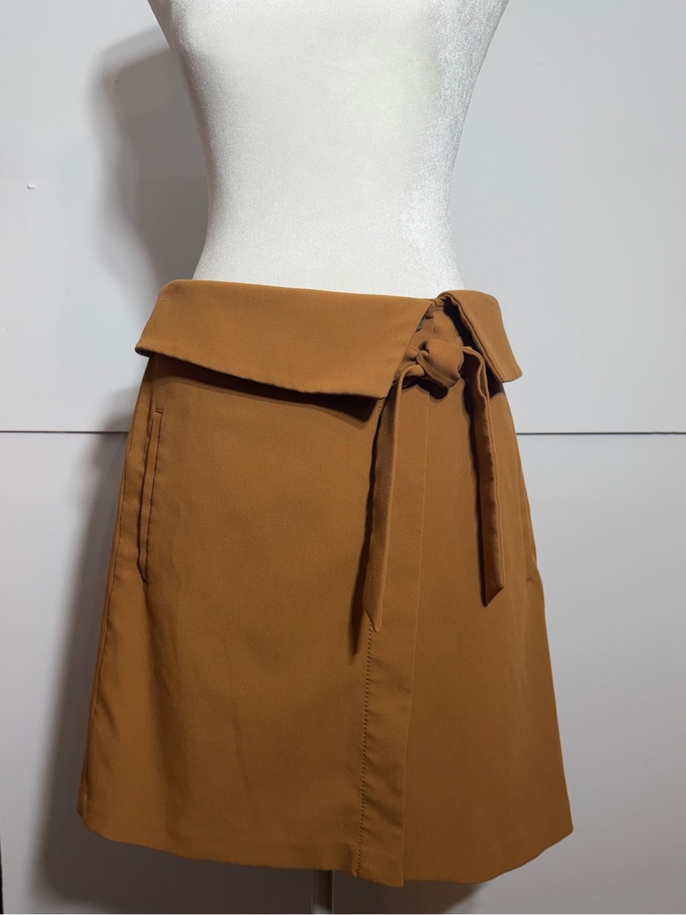 Loft Wrap Tie-Waist A-Line Mini Skirt in Camel & Side Pockets